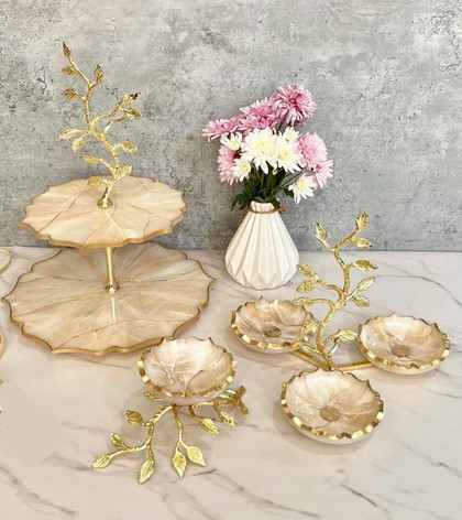 ظروف سه تکه پذیرایی رزینی هولدر برگی طرح مرمر